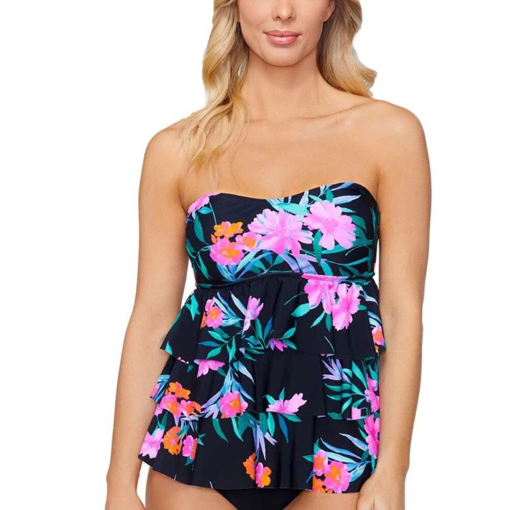 Island Escape Tiered Ruffle Tankini Bikini Top in Tropical Black Floral …